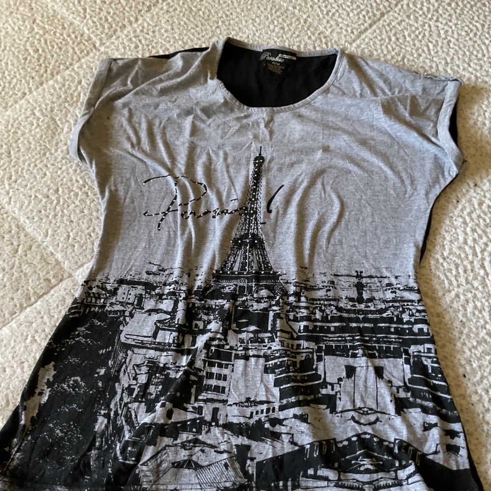 Paradiso Graphic Tee Womens Medium Gray Black Excellent Paris Eiffel Tower Shirt